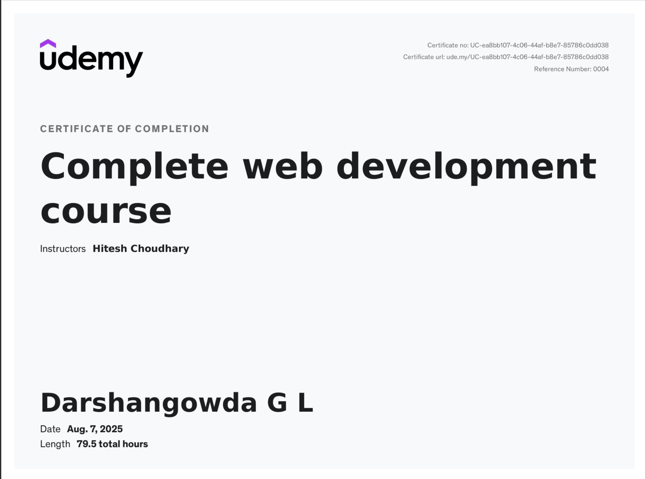 Full Stack Web Development Certificate from Udemy