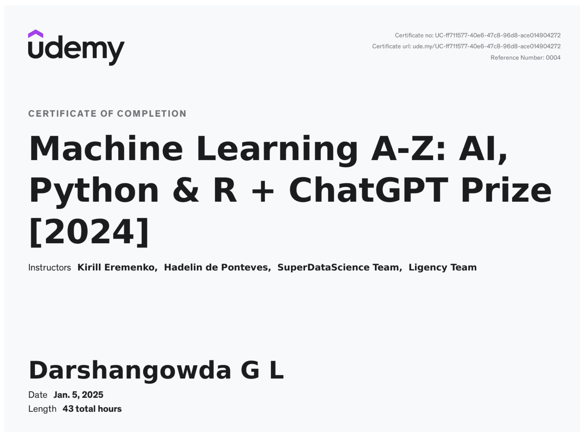 Machine Learning Certificate from Udemy