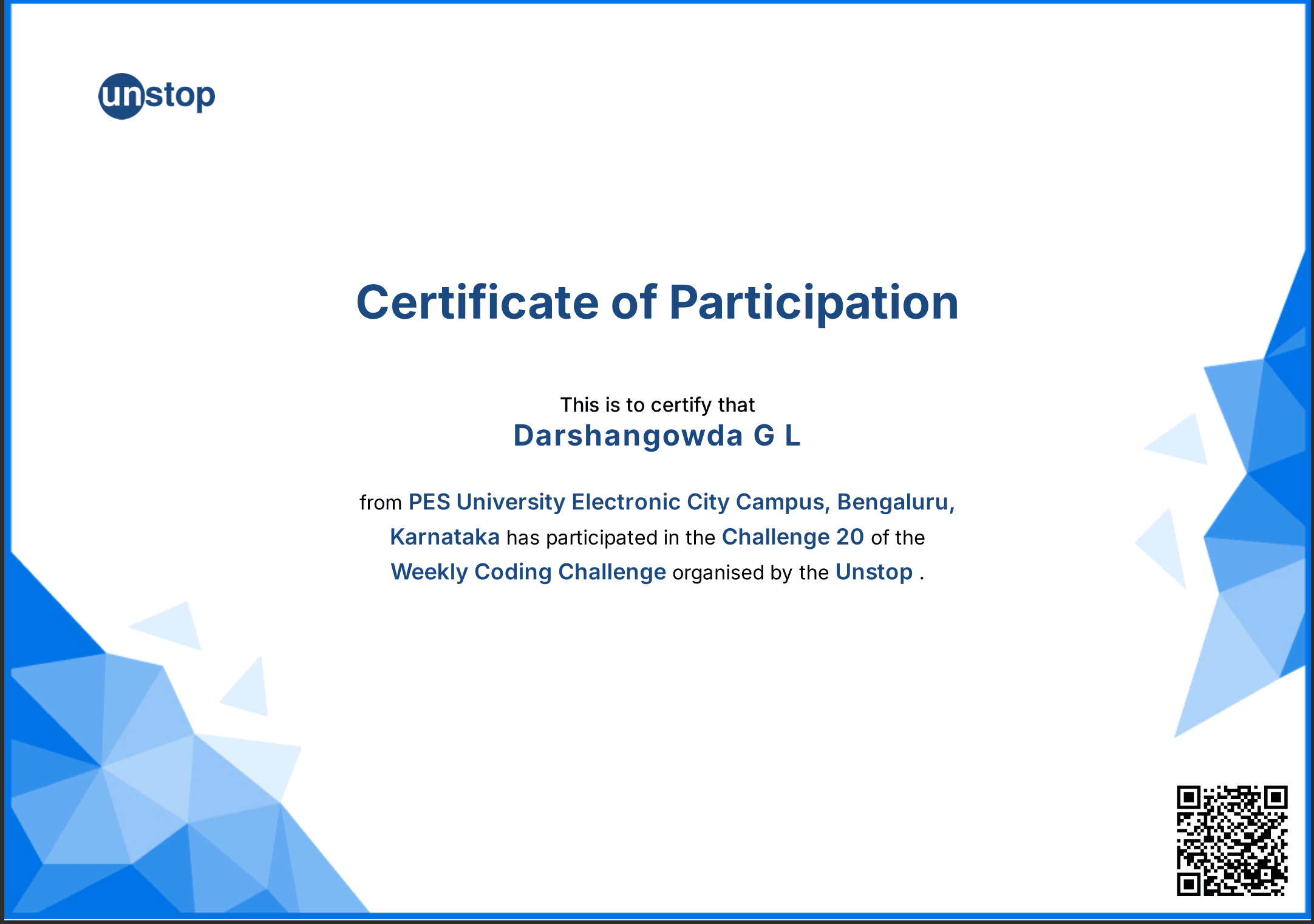 Unstop Coding Challenge Certificate